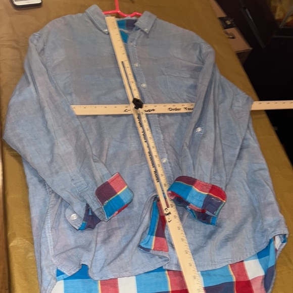 Club Room  size XL blue denim button down with roll tab button fun check lined - Picture 9 of 15
